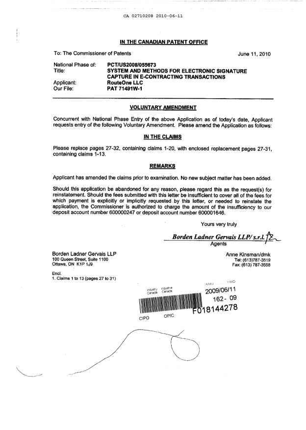 Document de brevet canadien 2710208. Poursuite-Amendment 20100611. Image 1 de 6
