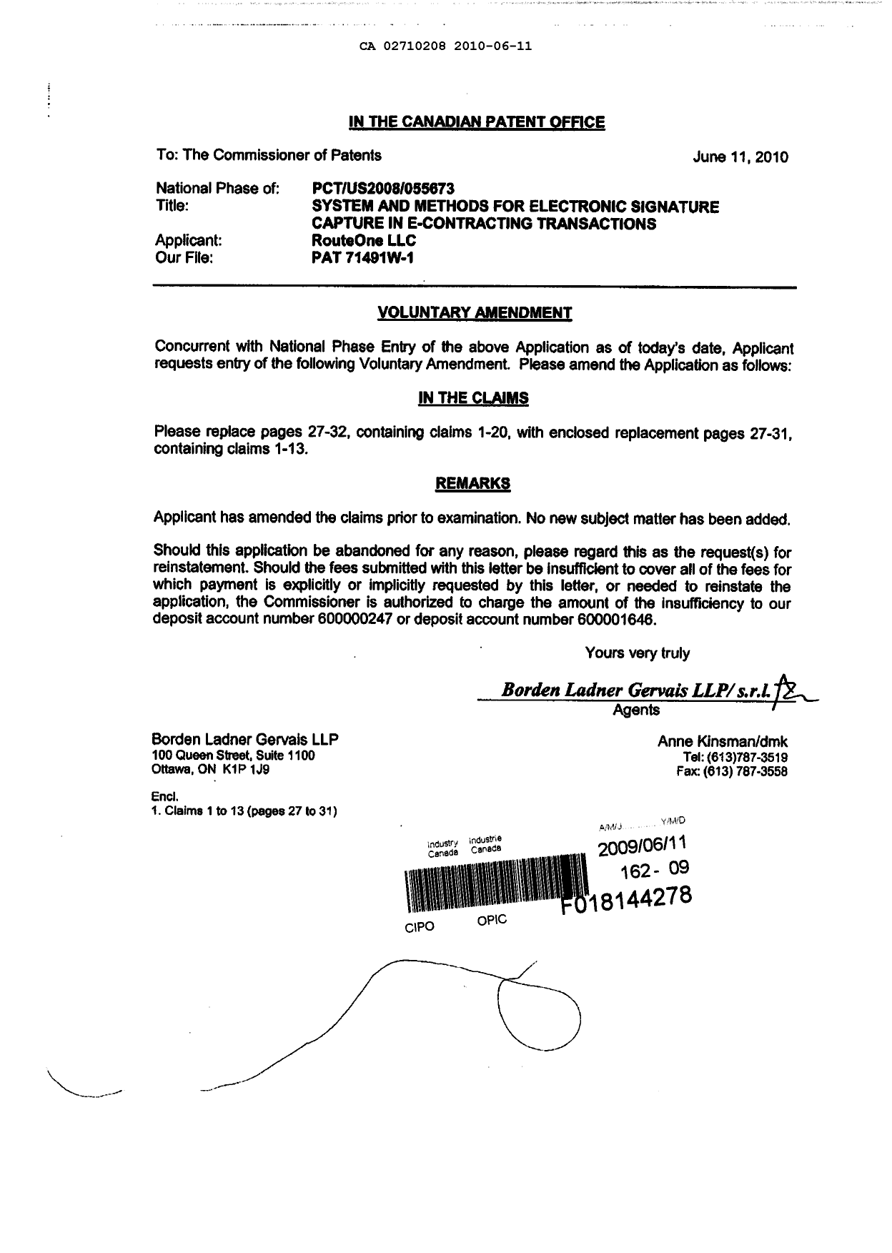 Canadian Patent Document 2710208. Prosecution-Amendment 20100611. Image 1 of 6