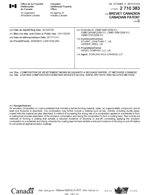 Document de brevet canadien 2710383. Page couverture 20171017. Image 1 de 1