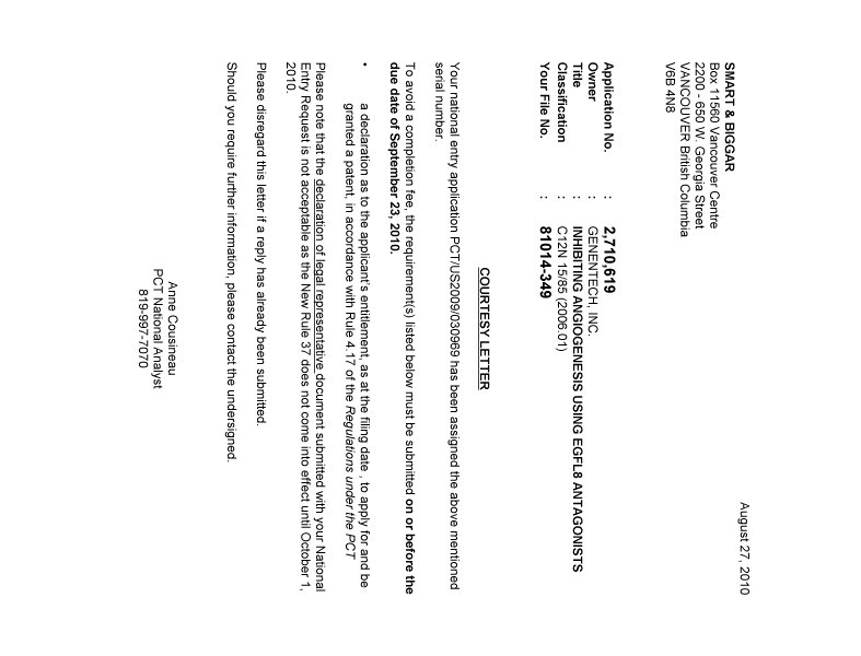 Document de brevet canadien 2710619. Correspondance 20091227. Image 1 de 1