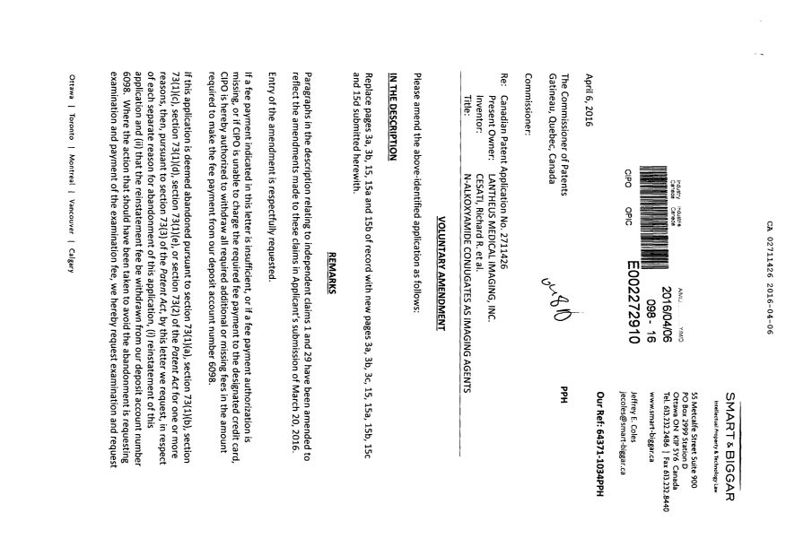 Document de brevet canadien 2711426. Poursuite-Amendment 20151206. Image 1 de 9