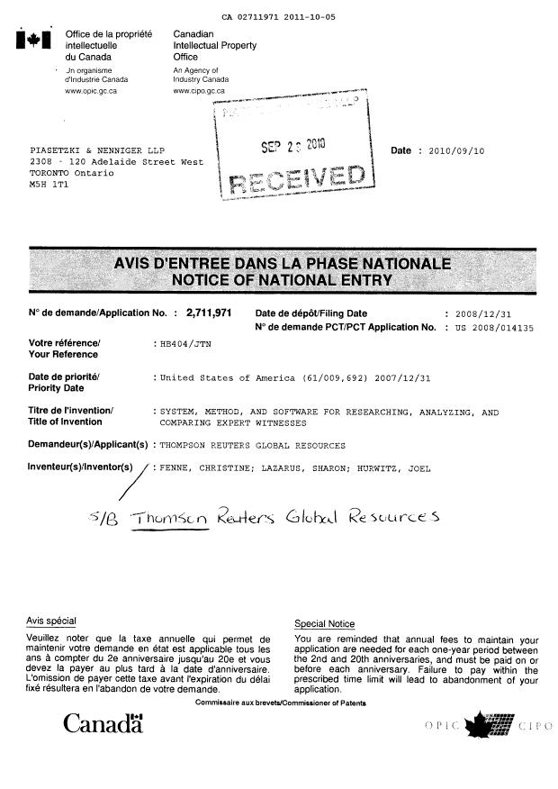 Document de brevet canadien 2711971. Correspondance 20111005. Image 2 de 3