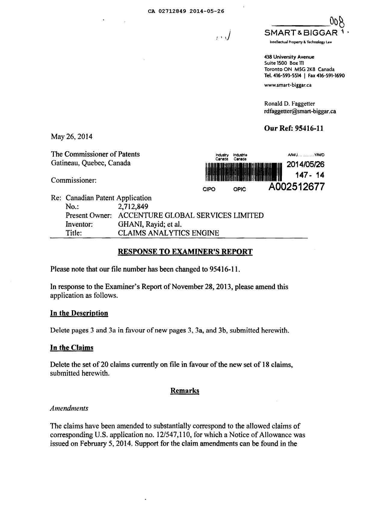 Canadian Patent Document 2712849. Prosecution-Amendment 20131226. Image 1 of 14