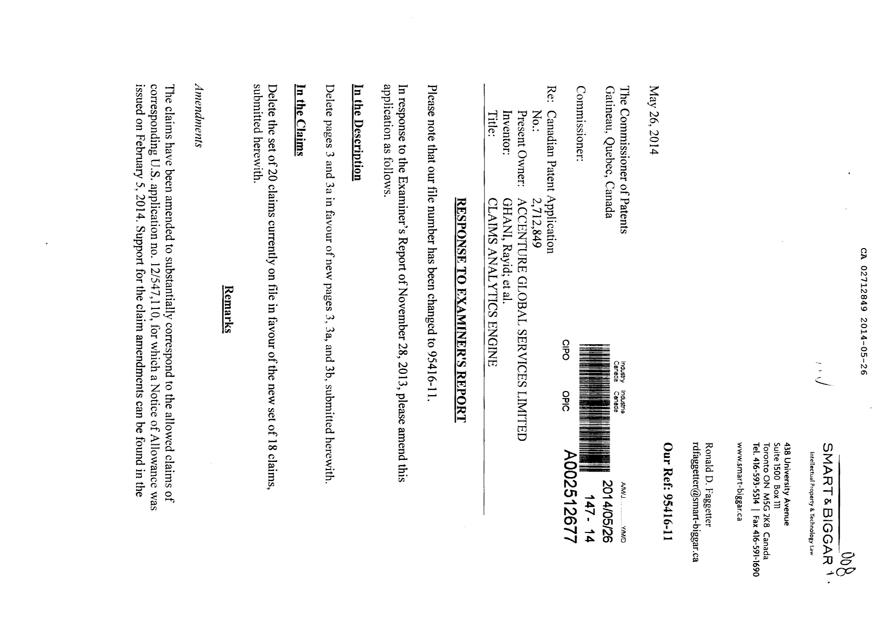 Document de brevet canadien 2712849. Poursuite-Amendment 20131226. Image 1 de 14