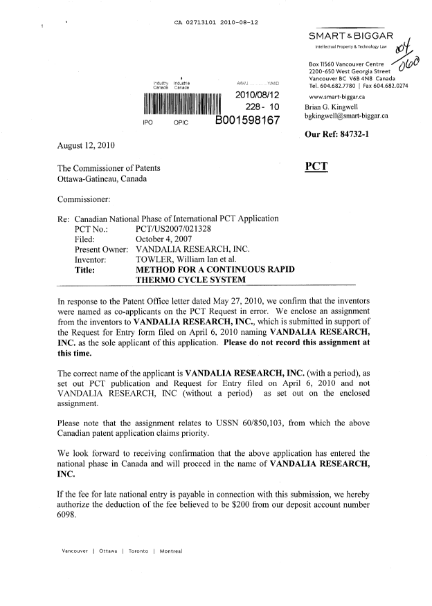 Canadian Patent Document 2713101. Correspondence 20100812. Image 1 of 2