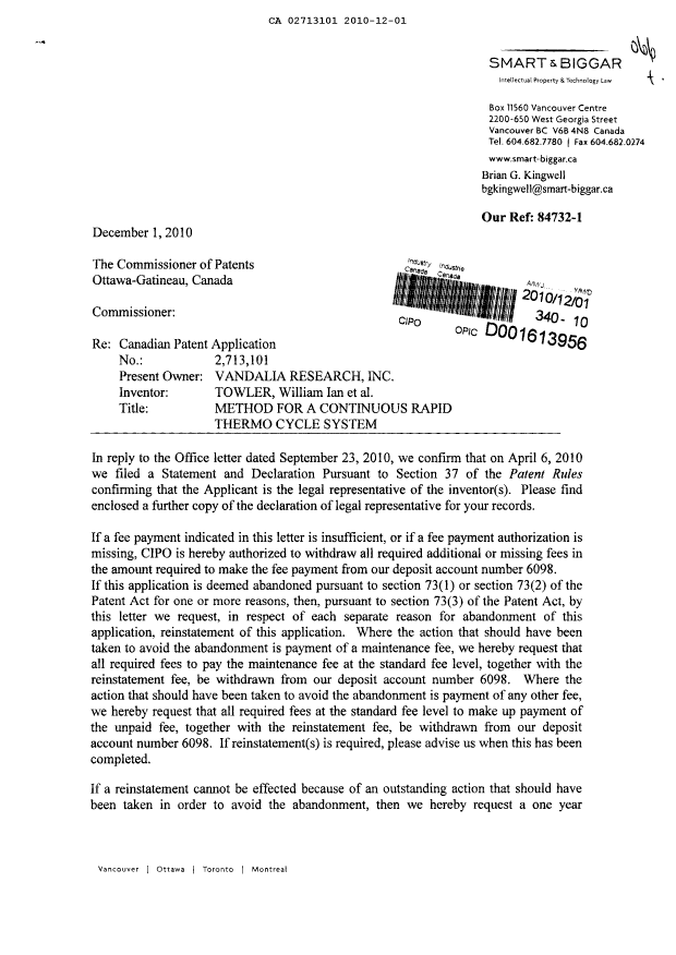Canadian Patent Document 2713101. Correspondence 20101201. Image 1 of 3
