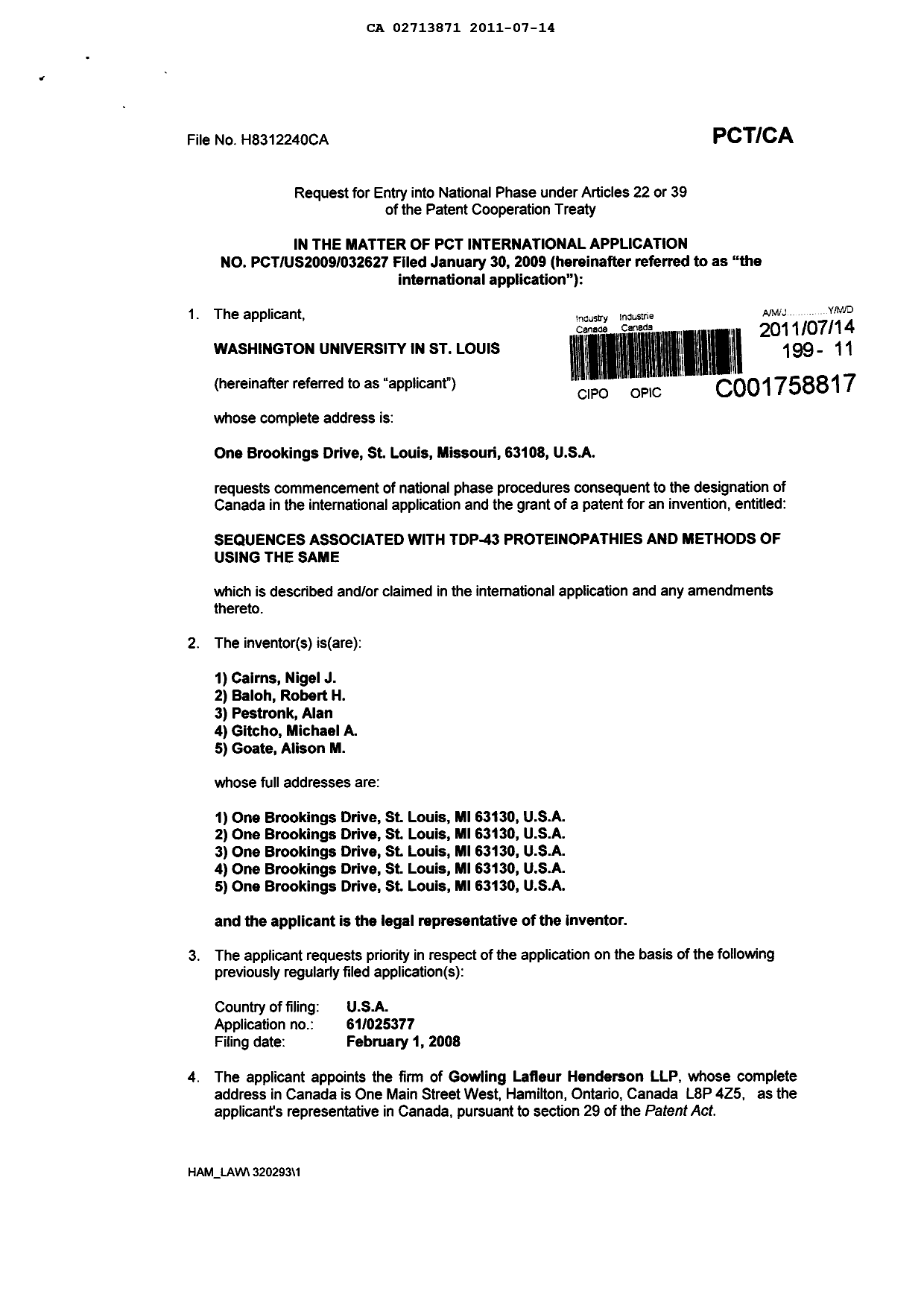 Canadian Patent Document 2713871. Correspondence 20110714. Image 2 of 3