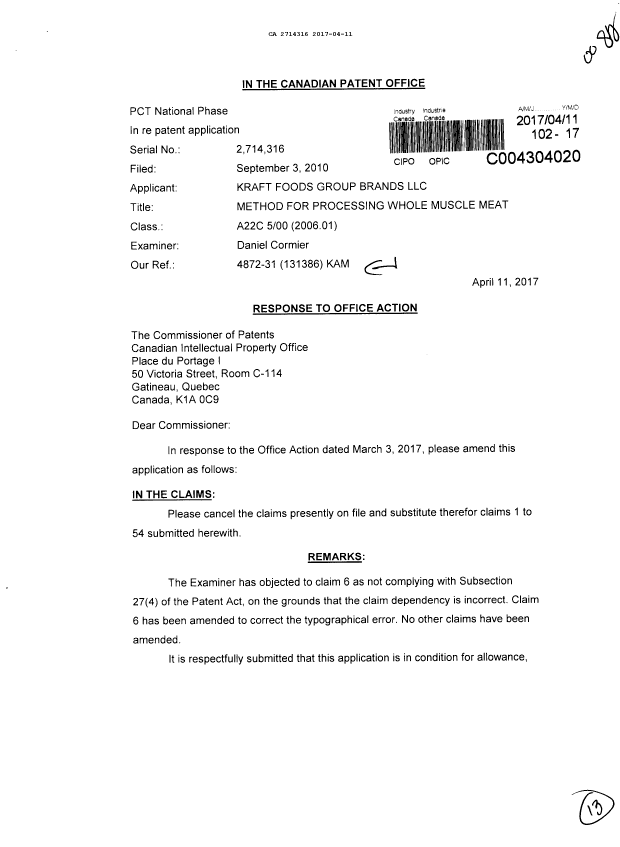 Canadian Patent Document 2714316. Amendment 20170411. Image 1 of 13