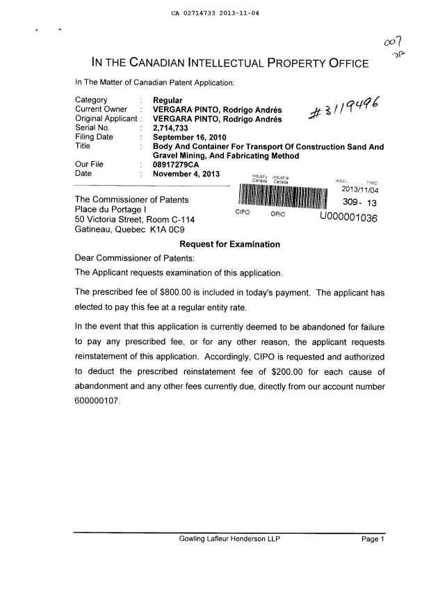 Document de brevet canadien 2714733. Poursuite-Amendment 20131104. Image 1 de 2