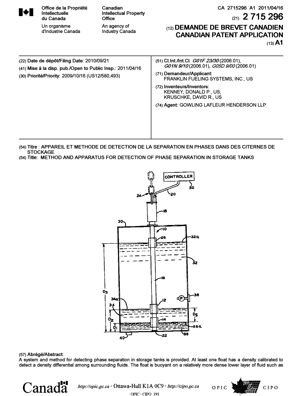 Document de brevet canadien 2715296. Page couverture 20110325. Image 1 de 2