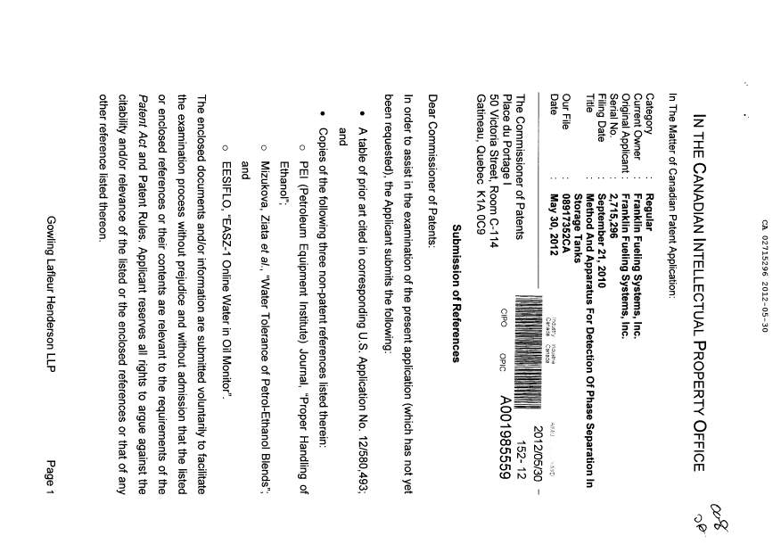 Document de brevet canadien 2715296. Poursuite-Amendment 20120530. Image 1 de 2