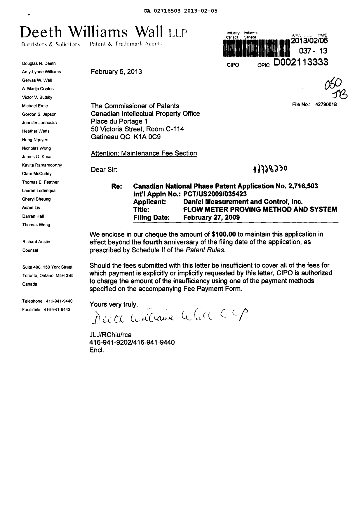 Document de brevet canadien 2716503. Taxes 20130205. Image 1 de 1