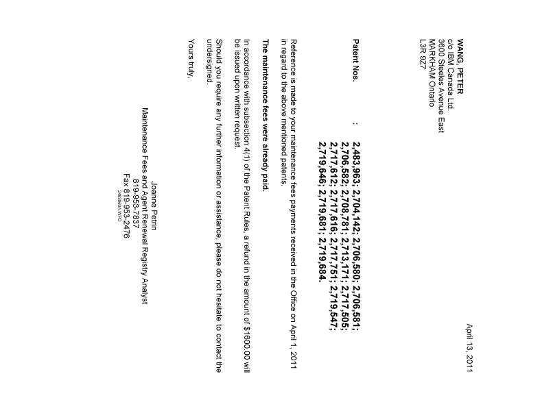 Document de brevet canadien 2717612. Correspondance 20110413. Image 1 de 1