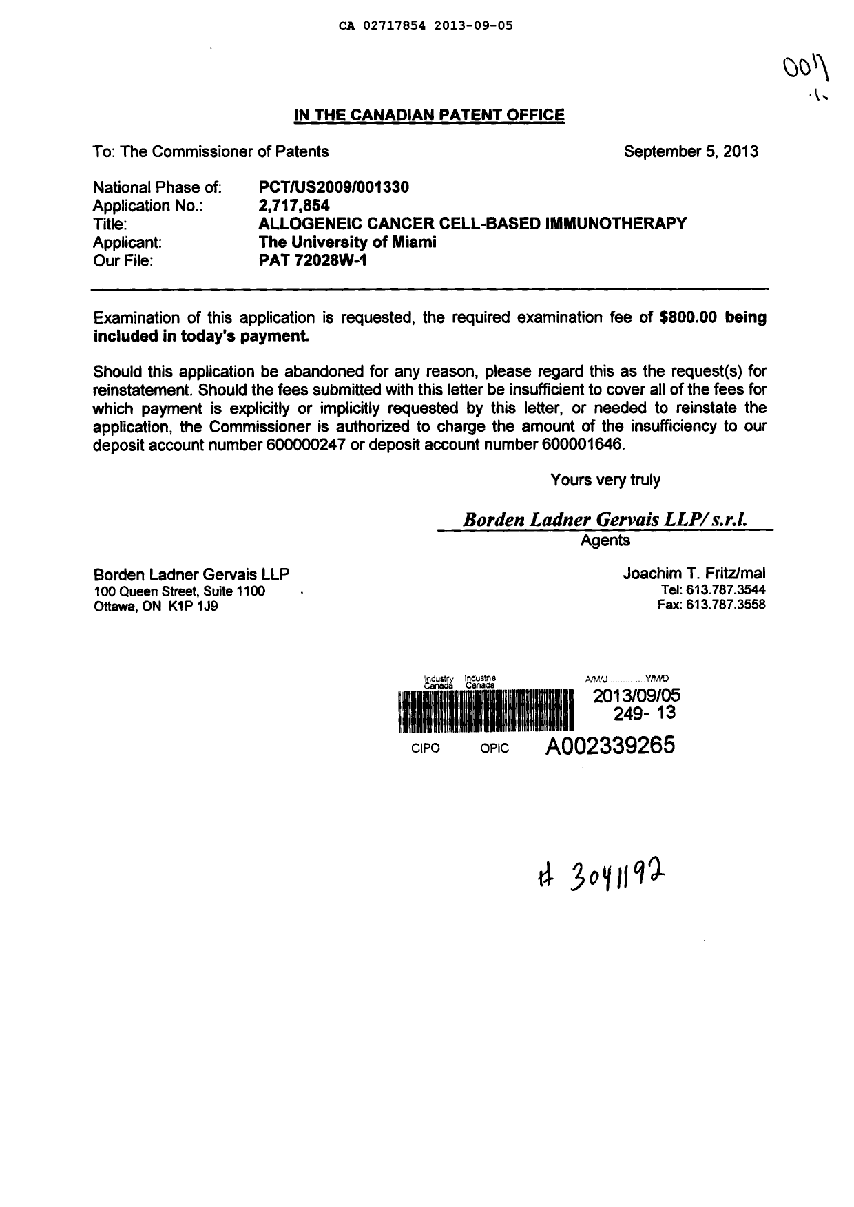 Canadian Patent Document 2717854. Prosecution-Amendment 20130905. Image 1 of 1