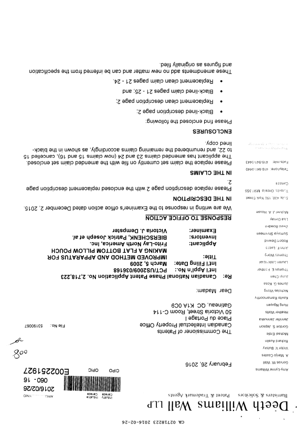 Document de brevet canadien 2718223. Poursuite-Amendment 20151226. Image 1 de 13