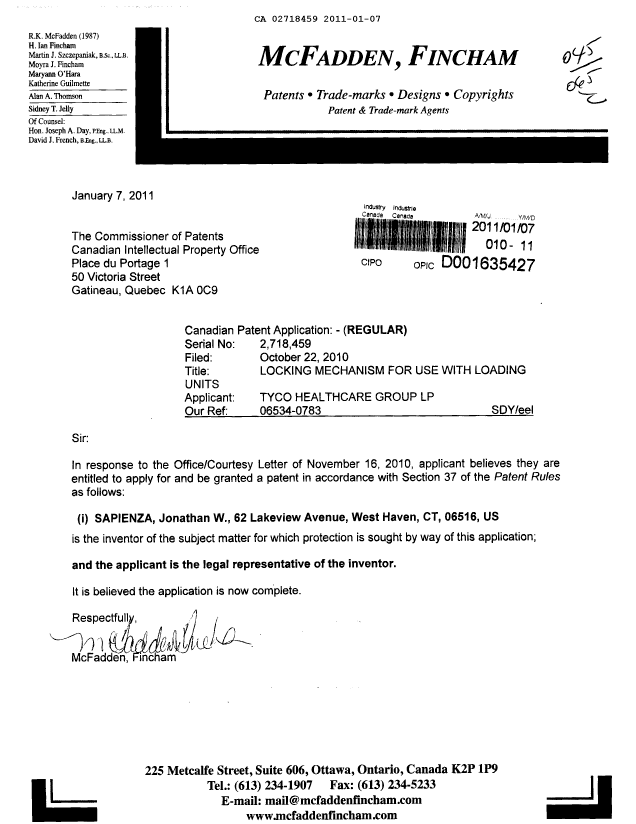 Document de brevet canadien 2718459. Correspondance 20110107. Image 1 de 1