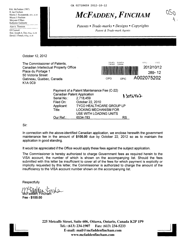 Document de brevet canadien 2718459. Taxes 20121012. Image 1 de 1