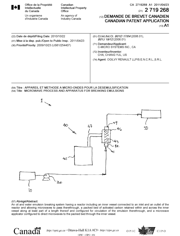 Canadian Patent Document 2719268. Cover Page 20101206. Image 1 of 1