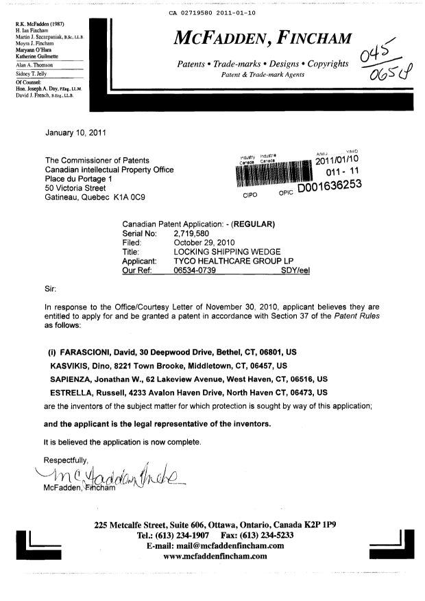 Canadian Patent Document 2719580. Correspondence 20110110. Image 1 of 1