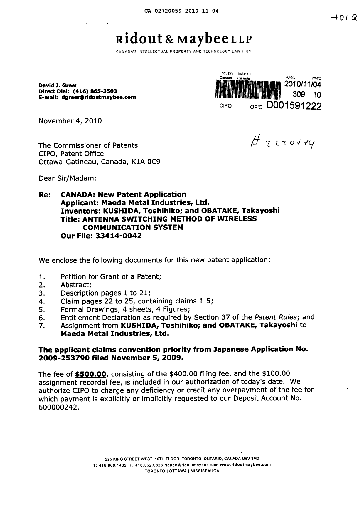 Canadian Patent Document 2720059. Assignment 20101104. Image 1 of 6