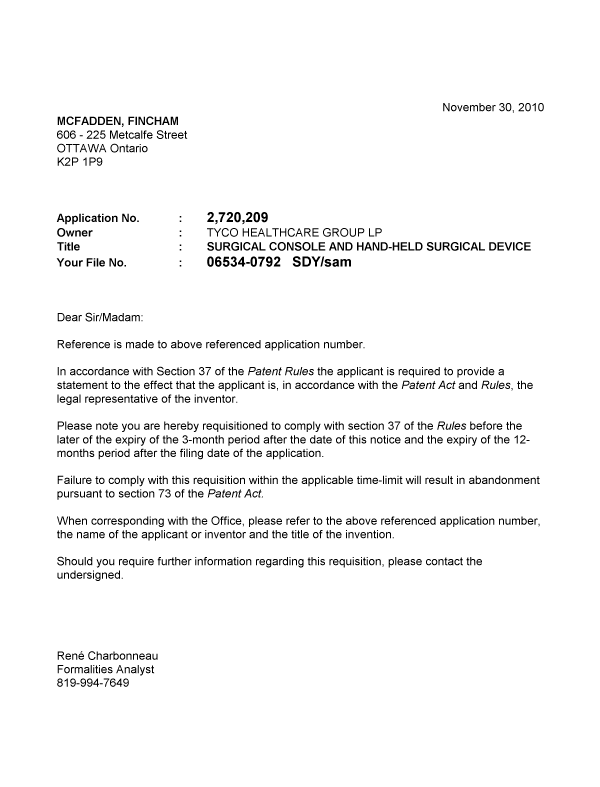 Canadian Patent Document 2720209. Correspondence 20101126. Image 1 of 1
