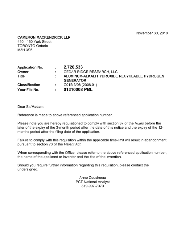 Document de brevet canadien 2720533. Correspondance 20101130. Image 1 de 1
