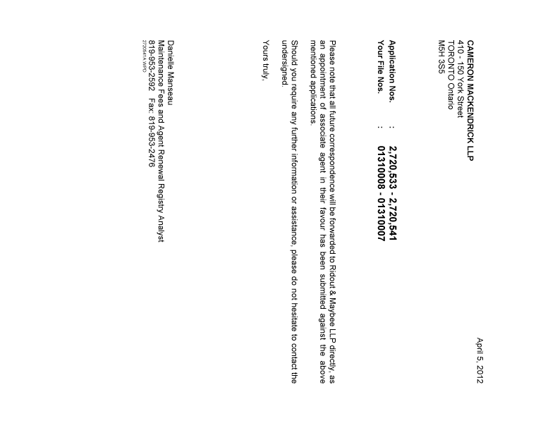 Canadian Patent Document 2720533. Correspondence 20120405. Image 1 of 1