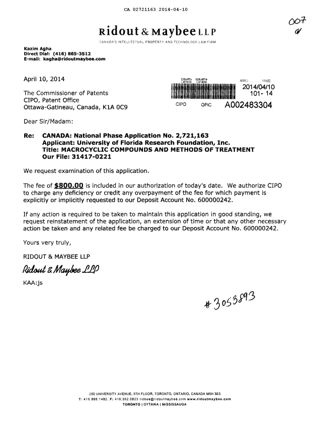 Document de brevet canadien 2721163. Poursuite-Amendment 20140410. Image 1 de 1