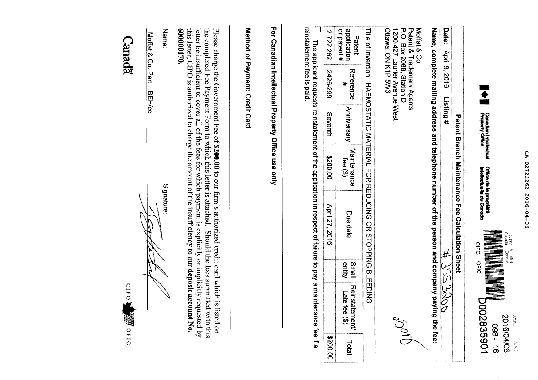 Document de brevet canadien 2722262. Taxes 20151206. Image 1 de 1