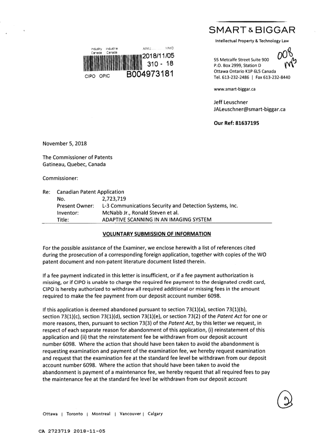 Document de brevet canadien 2723719. Modification 20181105. Image 1 de 2