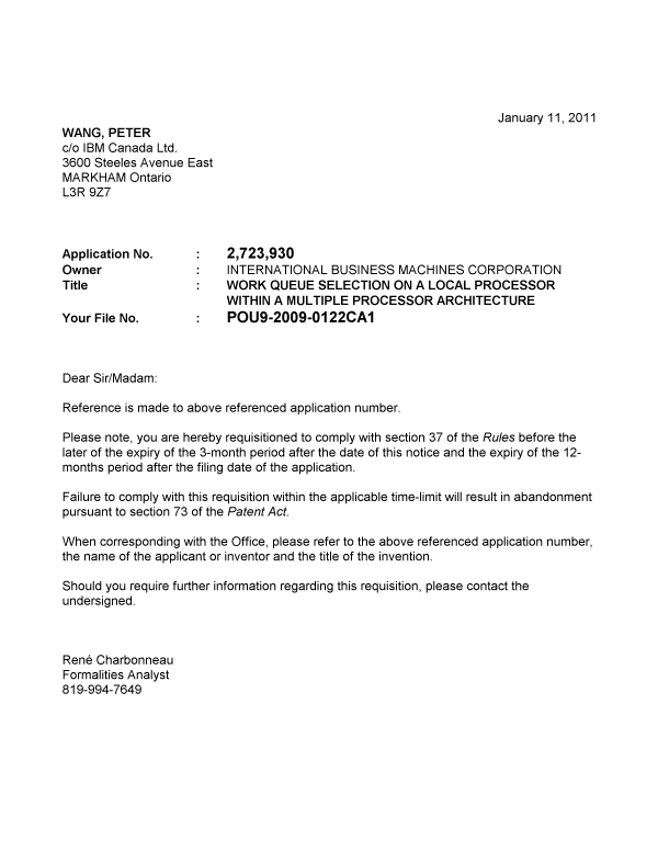 Document de brevet canadien 2723930. Correspondance 20110104. Image 1 de 1