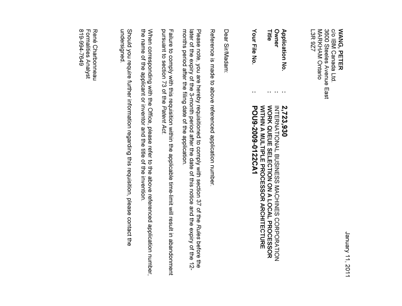 Canadian Patent Document 2723930. Correspondence 20110104. Image 1 of 1