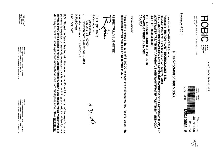Document de brevet canadien 2724864. Taxes 20141105. Image 1 de 1