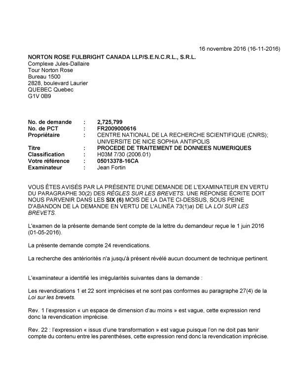 Canadian Patent Document 2725799. Examiner Requisition 20161116. Image 1 of 3