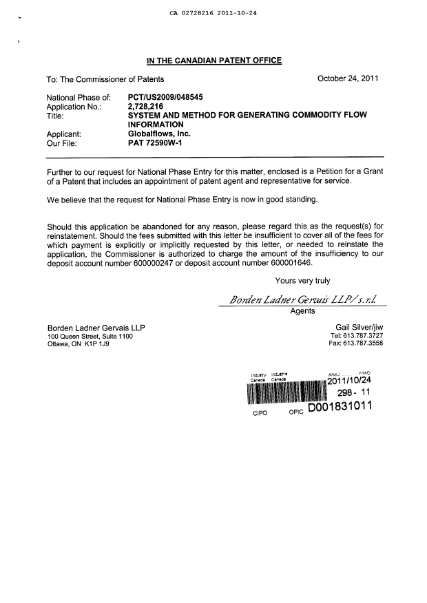 Canadian Patent Document 2728216. Correspondence 20111024. Image 1 of 3