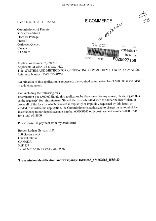 Document de brevet canadien 2728216. Poursuite-Amendment 20140611. Image 1 de 1