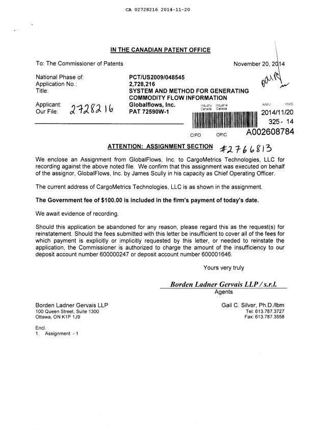 Canadian Patent Document 2728216. Assignment 20141120. Image 1 of 5
