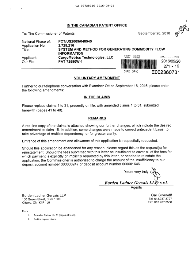 Canadian Patent Document 2728216. Prosecution-Amendment 20160926. Image 1 of 17