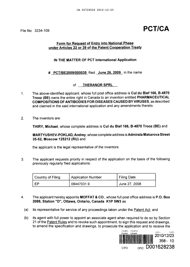 Document de brevet canadien 2729226. Cession 20091223. Image 4 de 5