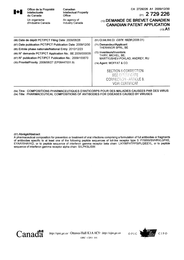 Document de brevet canadien 2729226. Page couverture 20111216. Image 1 de 2