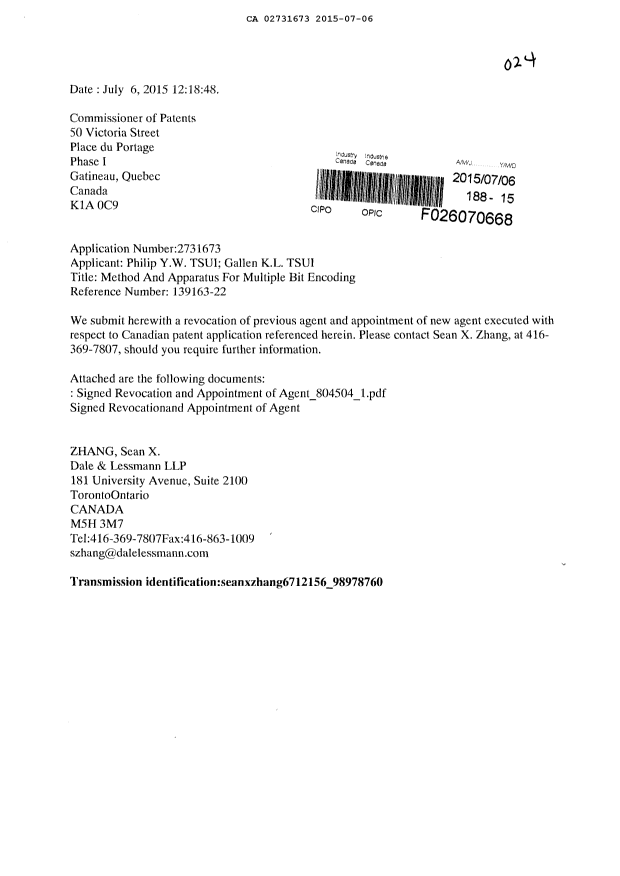 Document de brevet canadien 2731673. Changement de nomination d'agent 20150706. Image 1 de 3