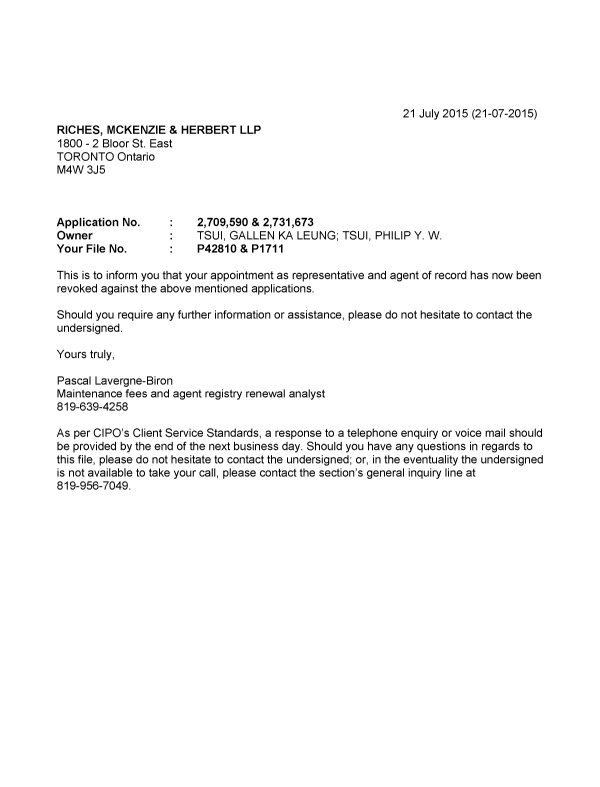 Document de brevet canadien 2731673. Lettre du bureau 20150721. Image 1 de 1