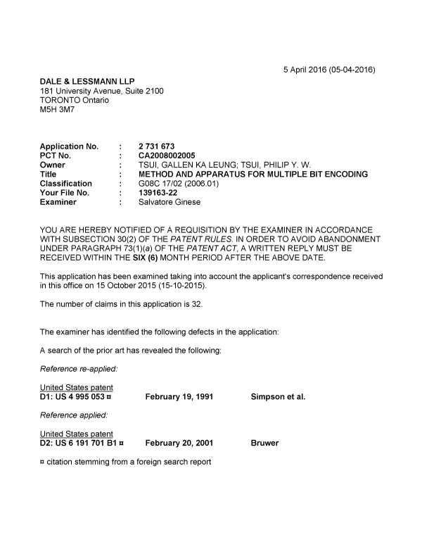 Document de brevet canadien 2731673. Demande d'examen 20160405. Image 1 de 4