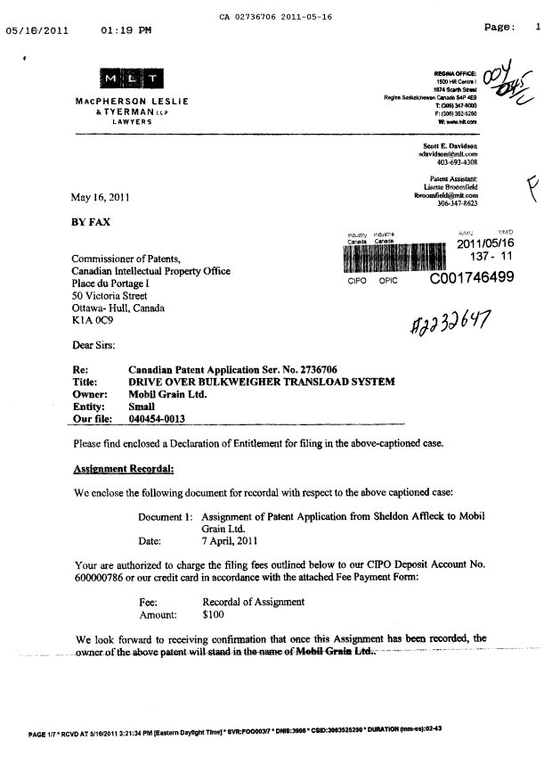 Canadian Patent Document 2736706. Correspondence 20110516. Image 1 of 3