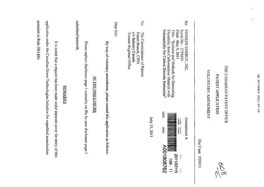 Canadian Patent Document 2739420. Prosecution-Amendment 20110715. Image 1 of 4