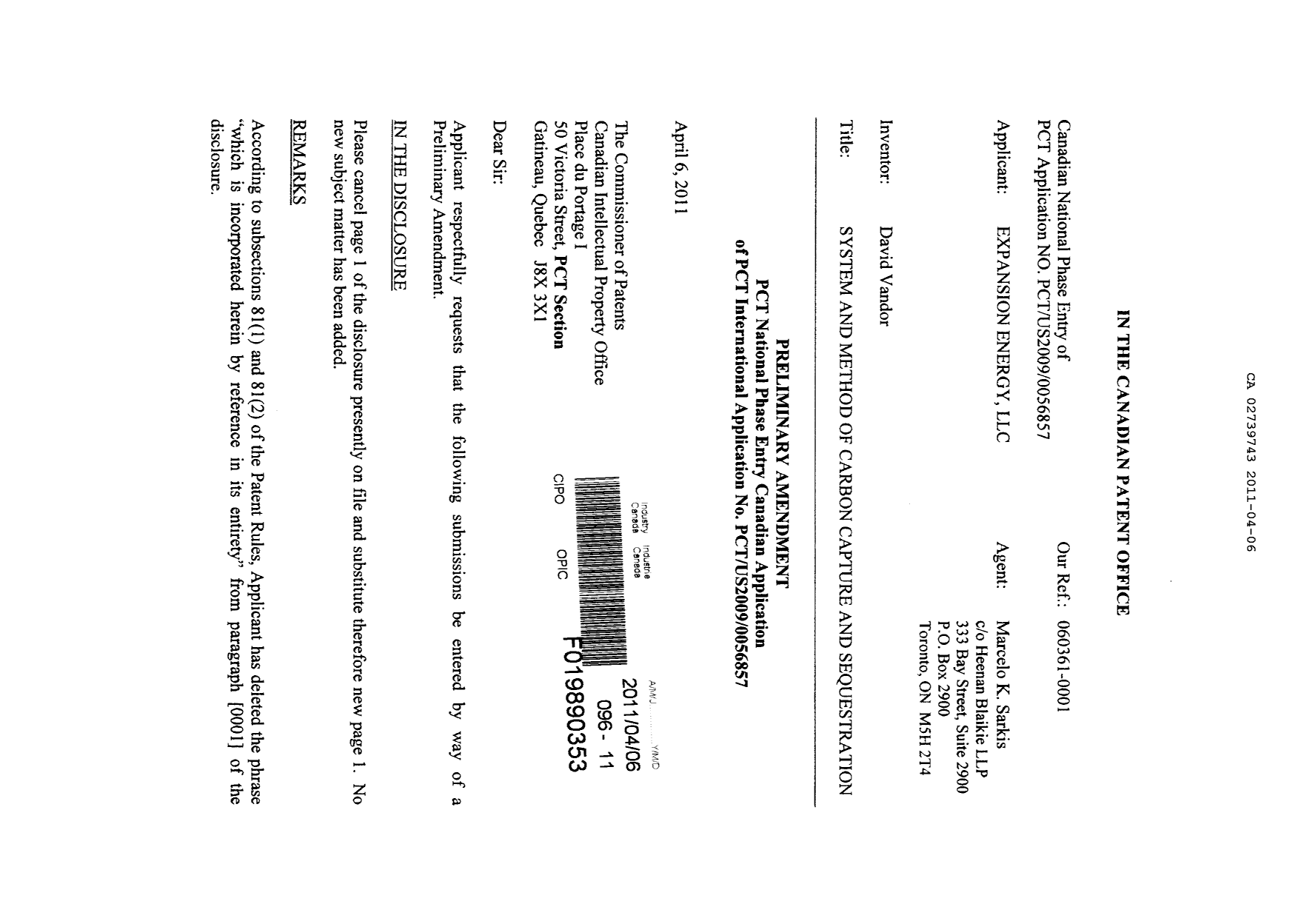 Document de brevet canadien 2739743. Poursuite-Amendment 20110406. Image 1 de 3