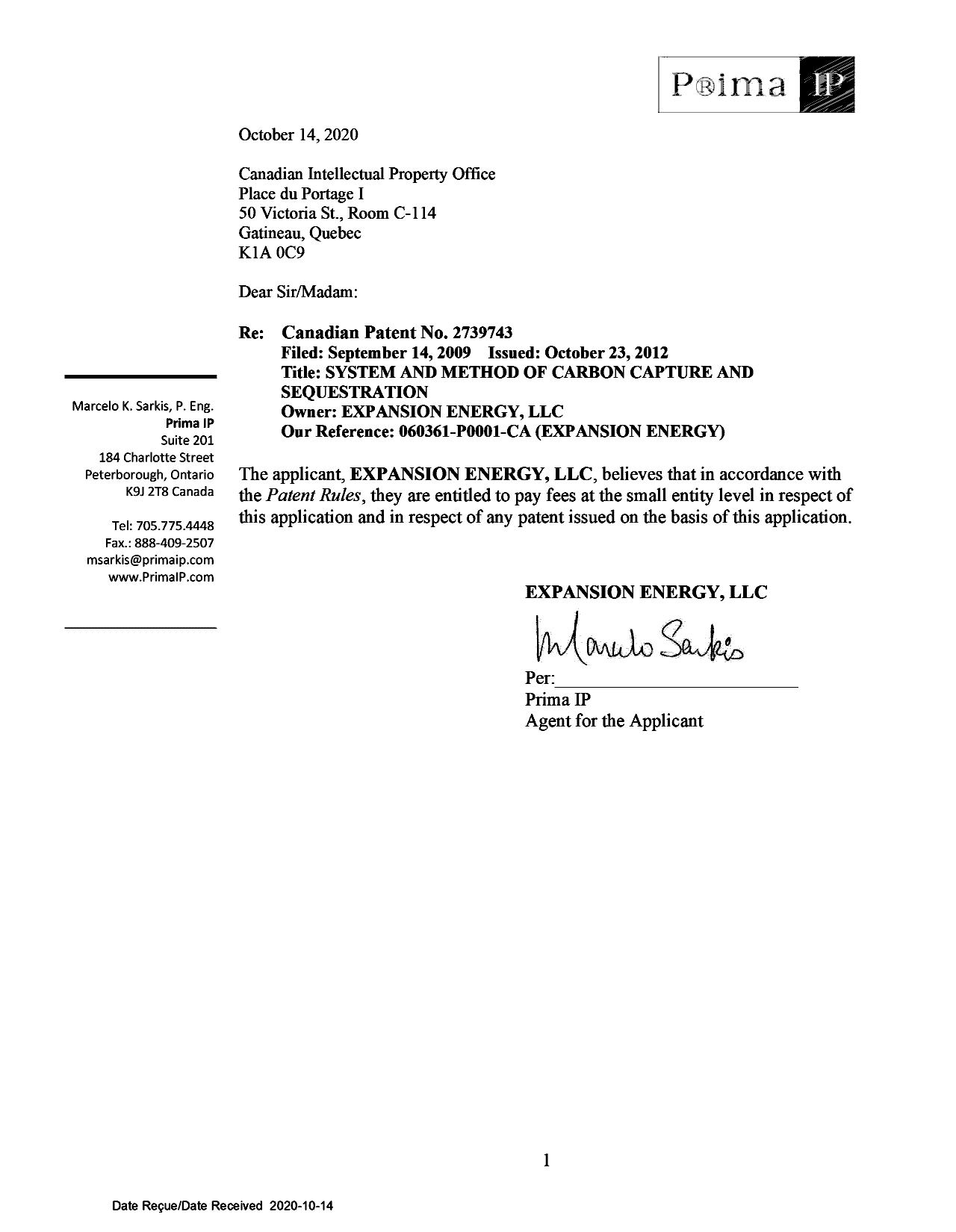 Document de brevet canadien 2739743. Déclaration de petite entité 20201014. Image 4 de 4