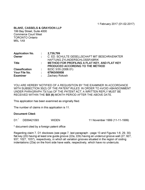 Document de brevet canadien 2739799. Demande d'examen 20170201. Image 1 de 4