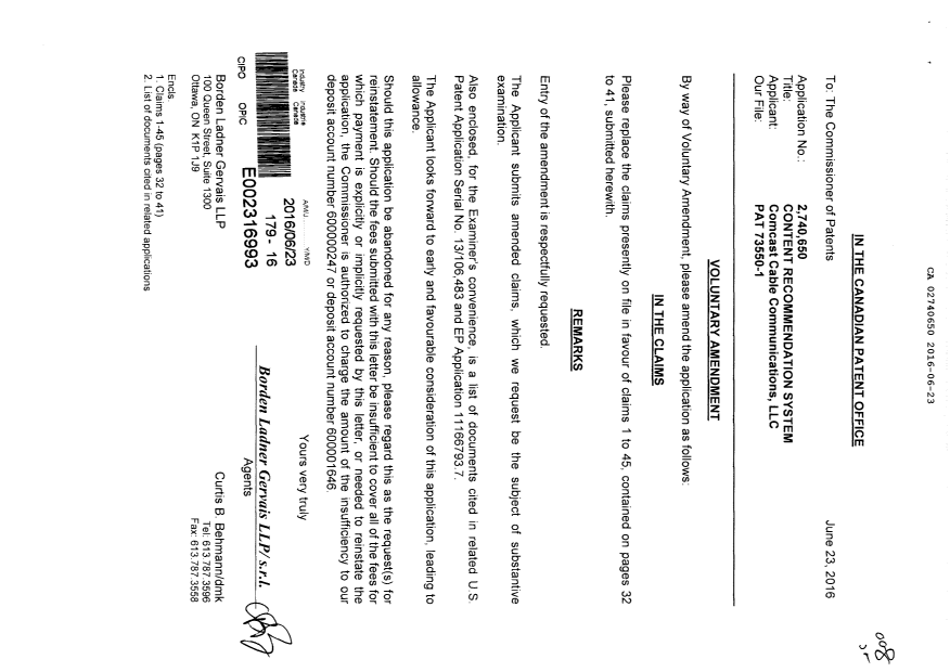 Document de brevet canadien 2740650. Modification 20160623. Image 1 de 12