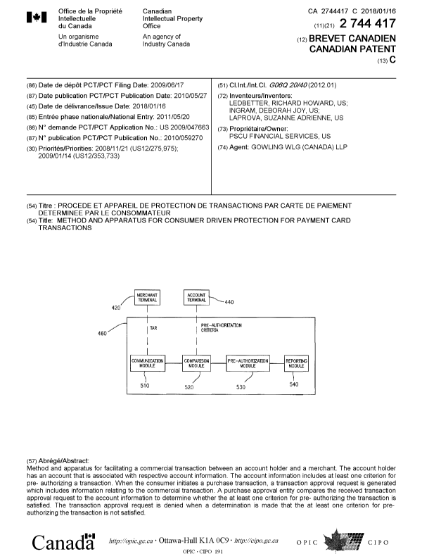 Document de brevet canadien 2744417. Page couverture 20171228. Image 1 de 1